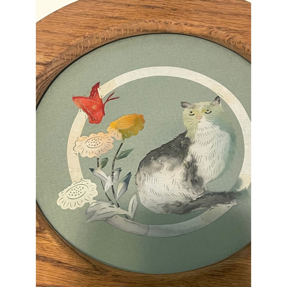 Vintage Round Oak Framed Cat and Butterfly Wall Art Sage Green Folk Art Decor - Picture 2 of 3